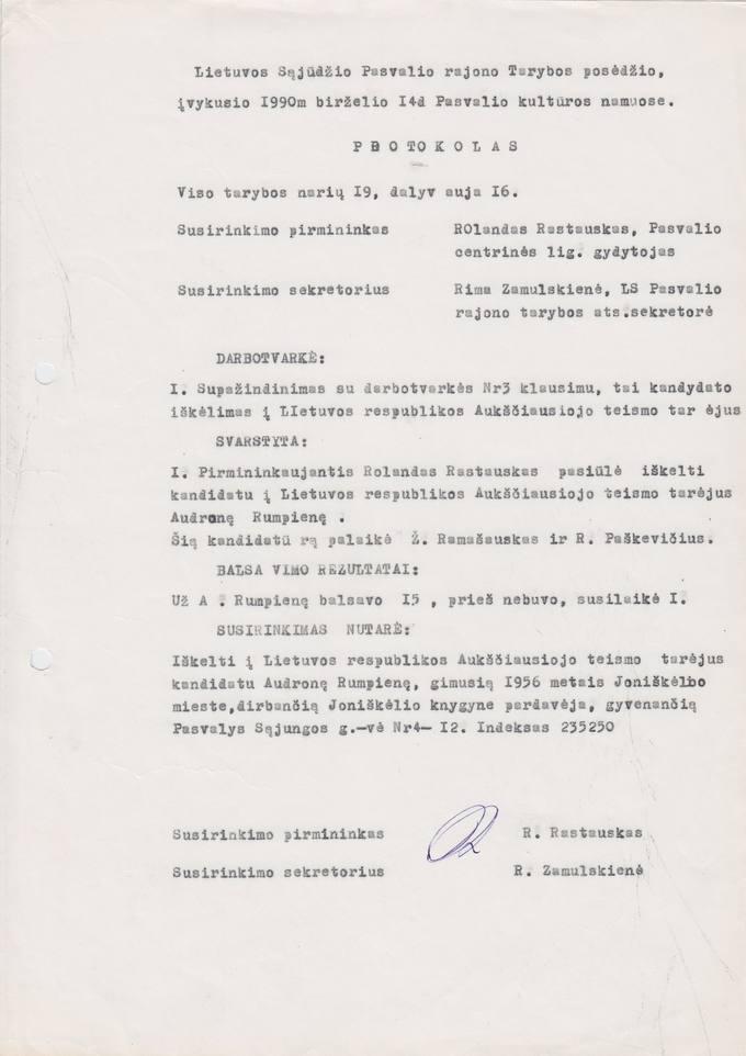 Lietuvos Sąjūdžio Pasvalio rajono tarybos posėdžio, įvykusio 1990 m. birželio 14 d. Pasvalio kultūros namuose, PROTOKOLAS